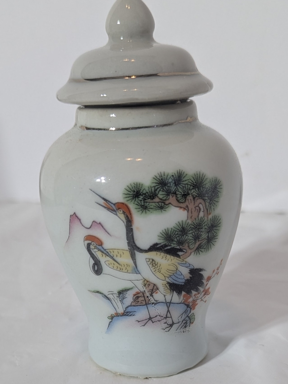 NWT Mini Porcelain Ginger Jar with Painted Cranes and Pine
